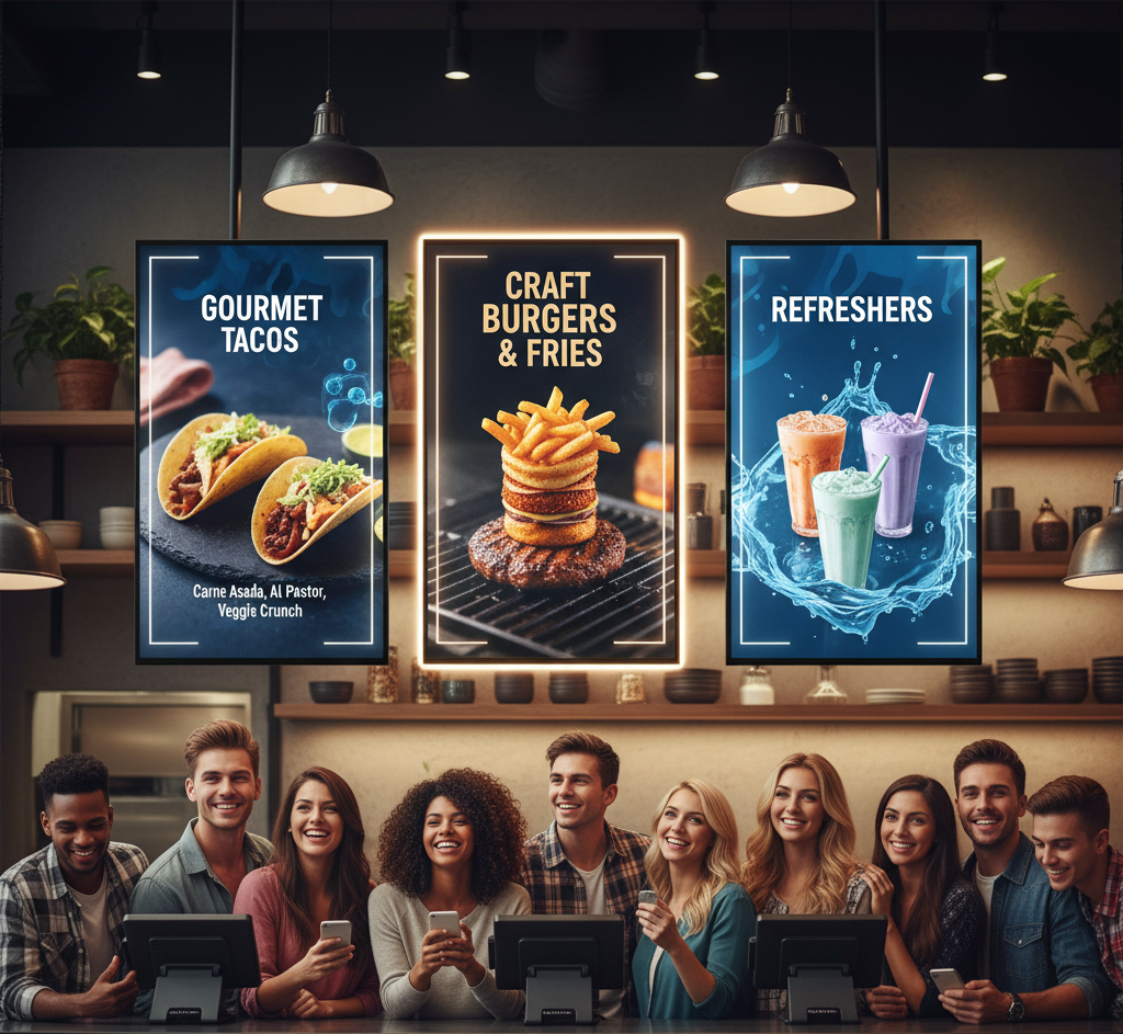 A bright, dynamic Digital Menu Board displaying food items in a Gorakhpur cafe.